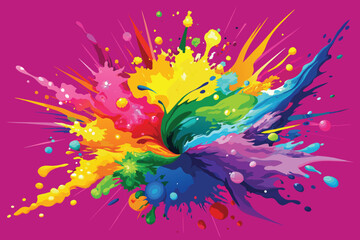 colorful rainbow holi paint color powder explosion vector, isolated wide hot pink panorama background - obrazy, fototapety, plakaty