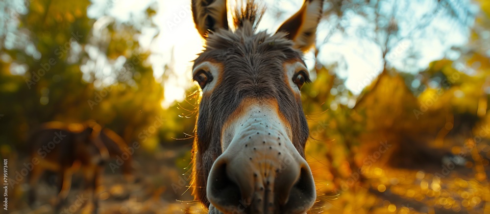 Aufkleber a brown donkey with long ears and a soft muzzle looks directly at the camera with a curious expressi