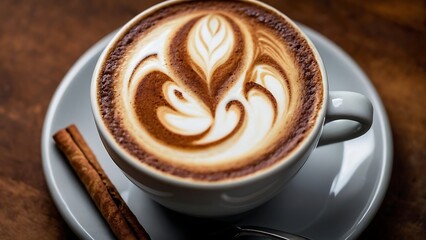 Coffee cup with latte art on wooden table, stock photo