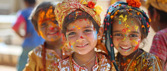 Faces of Indian children covered in colorful powder during the Holi festival