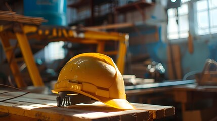 Illustrate attention to safety details in a prompt showcasing a close-up view of a yellow safety helmet positioned on a table, surrounded by construction equipment - obrazy, fototapety, plakaty