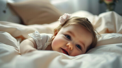 Cute baby girl smiling on comfortable bed, AI Generative.