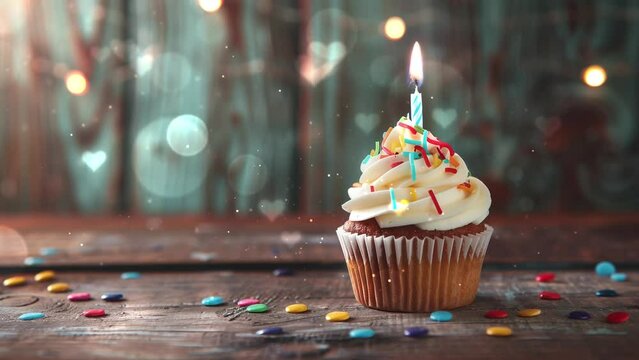 birthday concept with cupcake and candles on wooden table. birthday cupcake with a single blue candle. seamless looping overlay 4k virtual video animation background