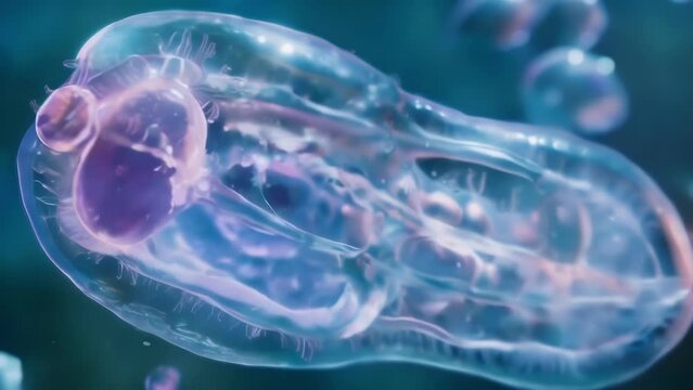 An amoeba transparent and gelatinous in appearance extending its pseudopodia to surround and engulf a nearby food particle for nourishment. . AI generation.