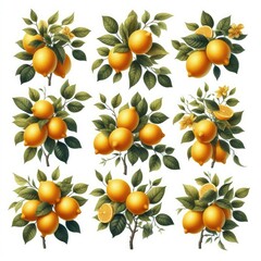 Six separate clusters of lemons on branches with leaves, isolated on a white background