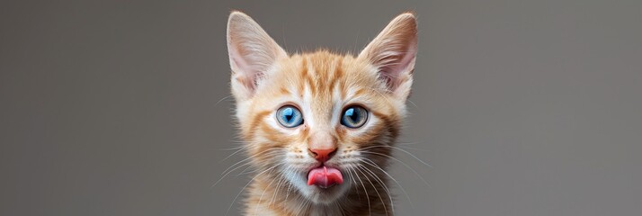 Humorous portrait of a white-red kitten with blue eyes licking its lips, studio photo