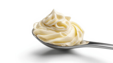 Spoon of mayonnaise isolated on white background, full depth of field