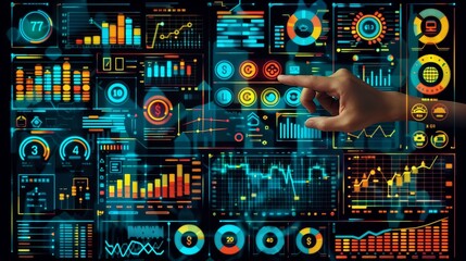 Hand pointing at colorful graphs and diagrams in the workplace.