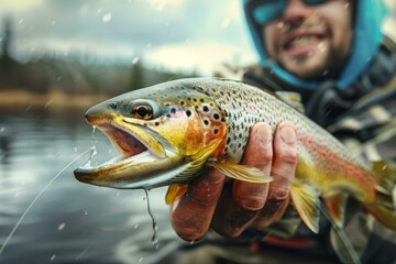 Obraz premium A fisherman holds a brown trout he caught in the river.