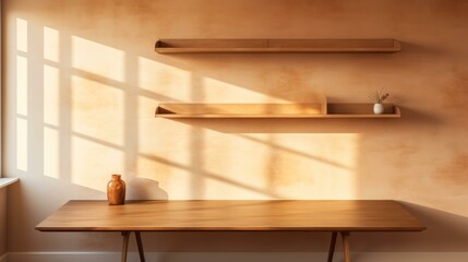 b'Wooden shelves and desk in front of a peach wall'