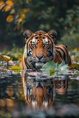 Fototapeta premium b'A tiger is reflected in the water with a lotus leaf in the foreground'