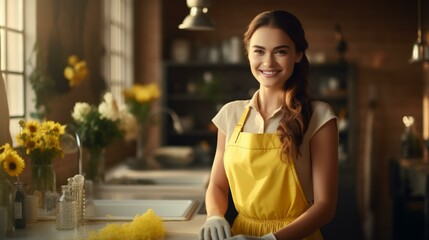b'Portrait of a smiling woman wearing a yellow apron in a kitchen' - Powered by Adobe