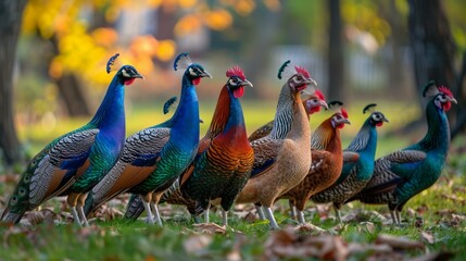 b'A group of peafowl and chickens in a park' - obrazy, fototapety, plakaty