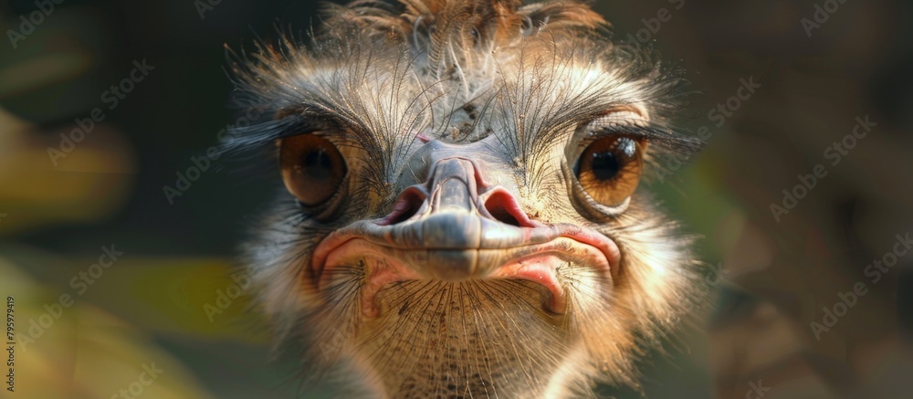 Poster ostrich bird displaying a remarkably large head structure and eyes that are markedly big