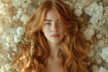b'Portrait of a young redheaded woman with blue eyes'