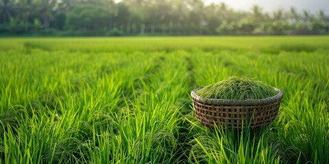 A farmer's basket of freshly harvested rice sits in a lush green rice field