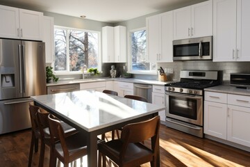b'Modern kitchen with white cabinets and stainless steel appliances'