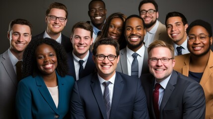 b'A group of diverse business professionals posing for a photo'