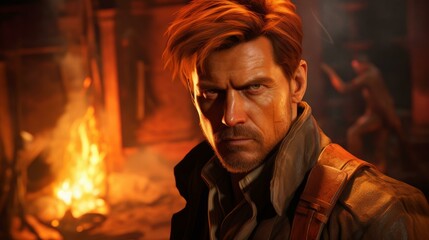 Obraz premium b'A man standing in front of a fire with a serious expression on his face'