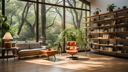 b'A living room with a large window looking out onto a forest'