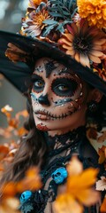 b'Close-up of a young woman with Calavera Catrina makeup'