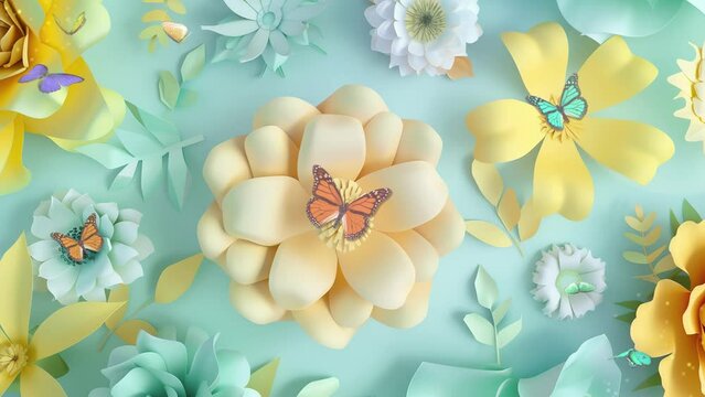 render mint blue yellow paper flowers botanical. paper cut flowers on mint blue background. seamless looping overlay 4k virtual video animation background
