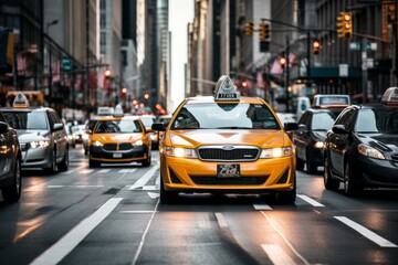 Fototapeta na wymiar b'A yellow taxi drives down a busy street in New York City.'