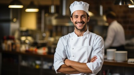 b'Portrait of a smiling chef in a commercial kitchen'