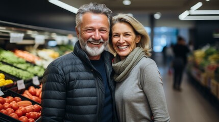 Fototapeta premium b'Happy senior couple grocery shopping together'