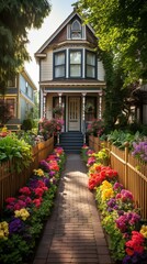 Fototapeta na wymiar b'A beautiful Victorian home with a colorful garden'