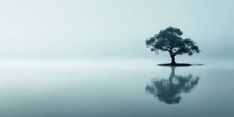 b'A Solitary Tree in the Middle of a Misty Lake'