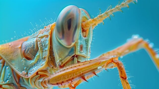 A magnified image of a grasshoppers leg displaying the microscopic hairs and receptors that enable the insect to detect vibrations . AI generation.