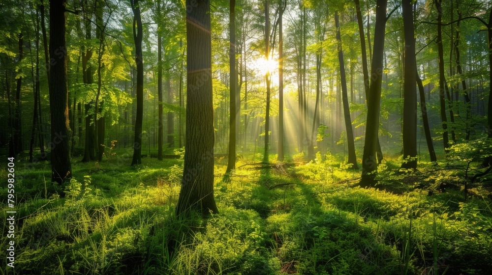 Poster sunlight filtering through trees in a forest