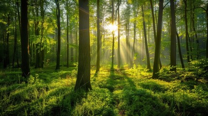 Obraz premium Sunlight filtering through trees in a forest