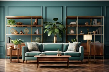 b'Teal living room with sofa, coffee table, plants, and bookshelves'