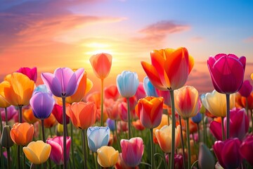 Multihued Tulip Scenery: Vibrant Gradients of a Blooming Field