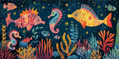 b'Underwater wonders with colorful fishes and seahorses'