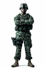 Fototapeta premium b'A soldier in green camouflage uniform with a helmet and a gun'