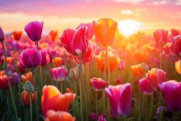 Vibrant Tulip Field Gradients: Majestic Sunrise Light in the Enchanting Tulip Garden