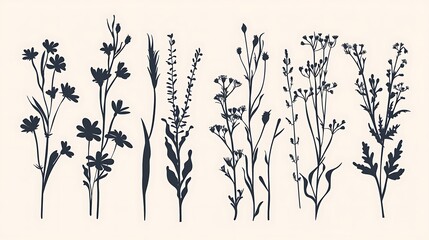 Set of silhouettes, stamps of wild herbs, field plants, flowers. Generative Ai