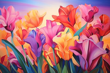 Vibrant Tulip Garden Gradients: Captivating Hues Bursting Meadow Bloom