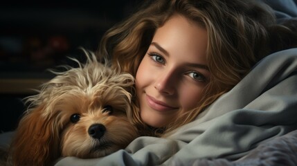 b'A beautiful blonde woman is lying in bed with her dog'