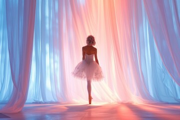 b'ballerina in white tutu dancing on stage with pink and blue curtains'