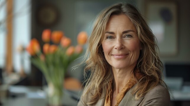 b'Portrait of a smiling middle-aged woman with long blond hair'