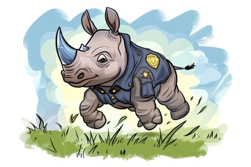 Cartoon cute doodles of a fearless police officer rhinoceros charging through the grasslands on patrol, with a horn-shaped badge on its chest, Generative AI