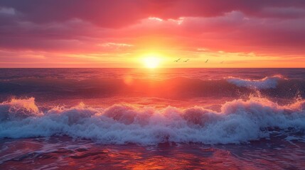 b'Beautiful sunset over the ocean with big waves crashing on the shore'