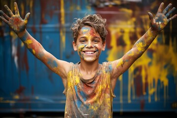 b'Ecstatic young boy covered in colorful paint'