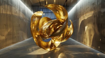 Artistic golden sculpture in a modern art gallery