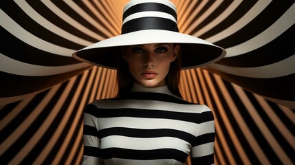 b'Black and white striped pattern with a woman wearing a large black and white striped hat'