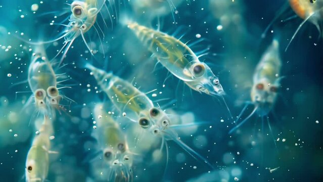 A microscopic view of zooplankton small aquatic animals in the midst of a plankton bloom providing a critical food source for larger . AI generation.